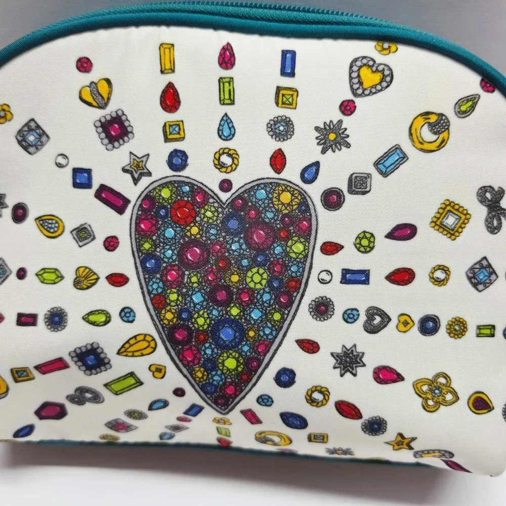 Brighton Makeup Bag Women Medium White Teal Jewelry Heart Love Leopard Print